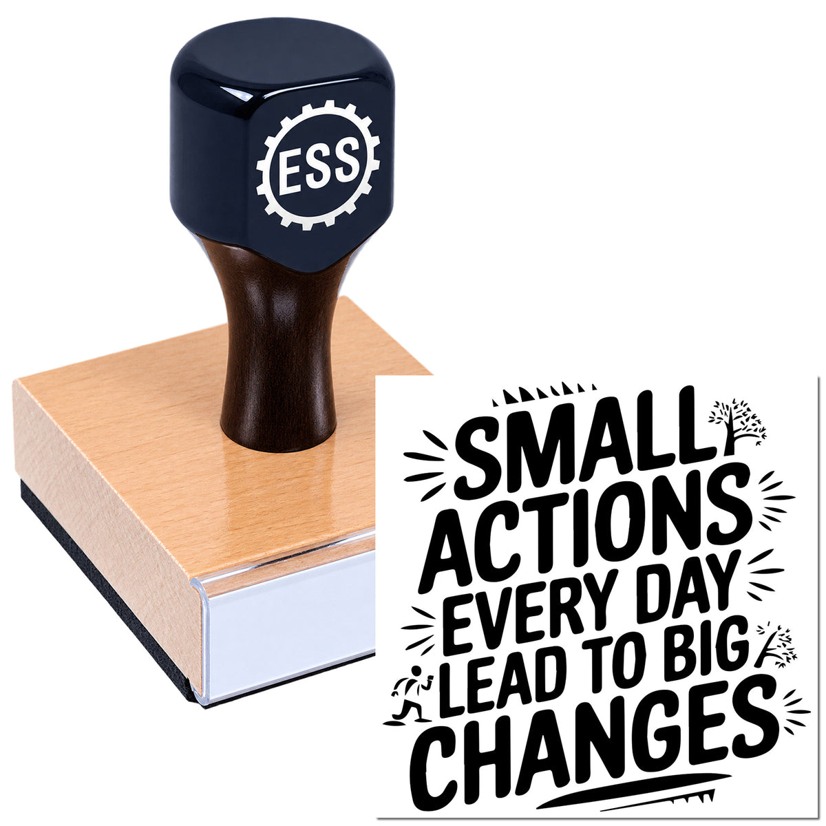 Black ESS rubber stamp on a pink seal block, with bold black "Small Actions Every Day Lead to Big Changes" lettering.
