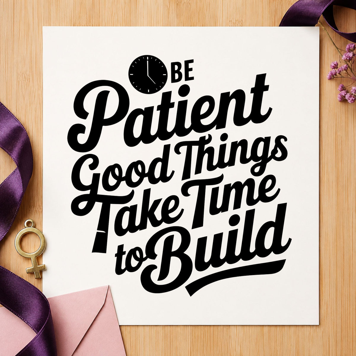 Be Patient Good Things craft stamp in black ink on cardstock, an easy option for dollhouse album page.