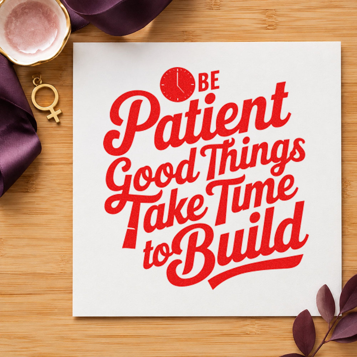 Be Patient Good Things rubber stamp shown in red ink, stamped for projects such as drawer piece labels.