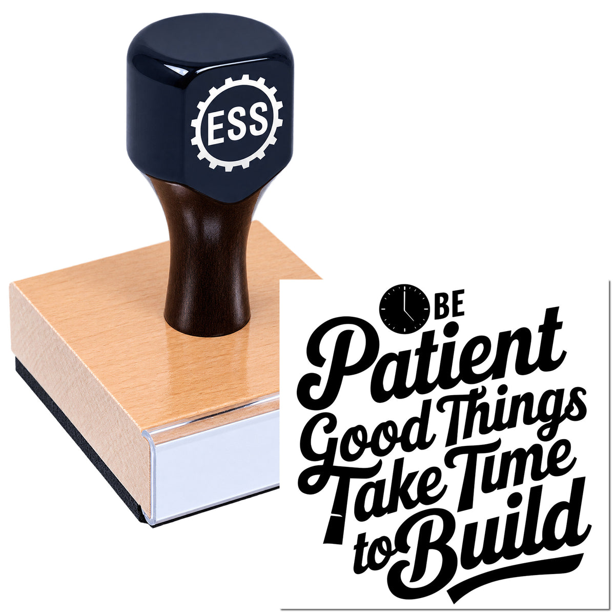 Black ESS rubber stamp and seal on a wood block, with bold black "Be Patient" motivational text design.