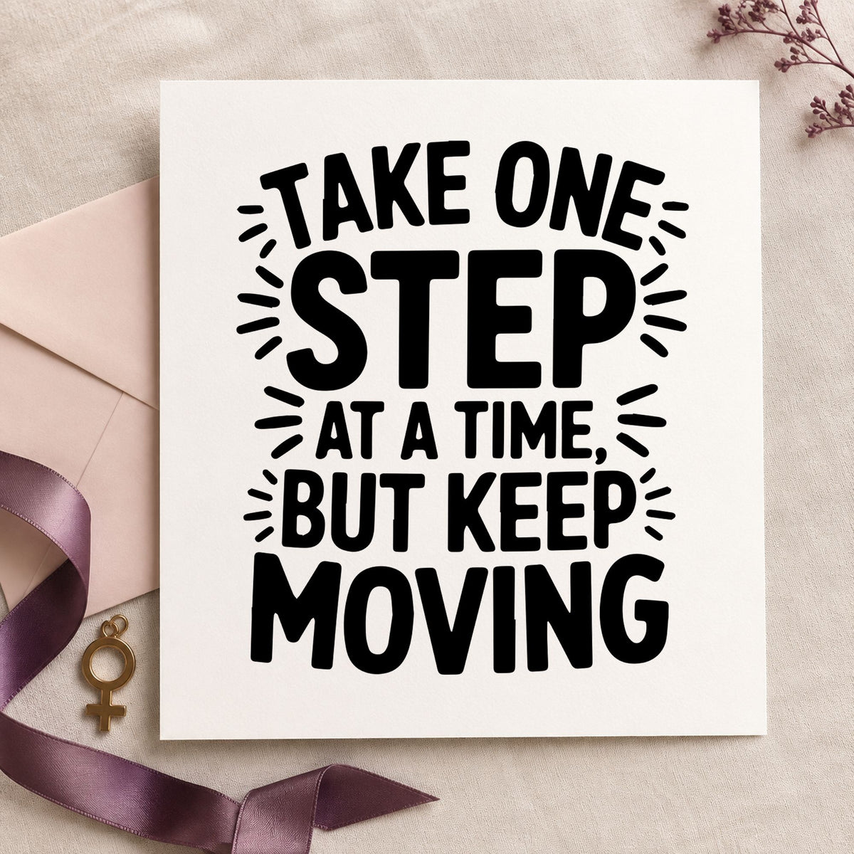 Take One Step Moving craft stamp imprint in black ink on a handmade project, one idea being skate guard tags.