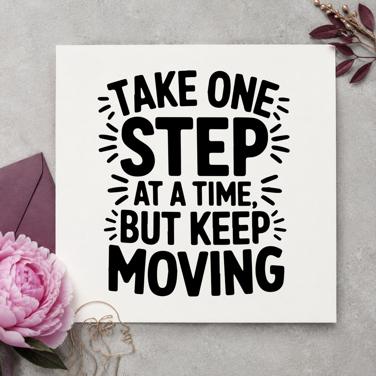 Take One Step Moving rubber stamp printed in black ink, ready for session plan sheet and similar paper crafts.