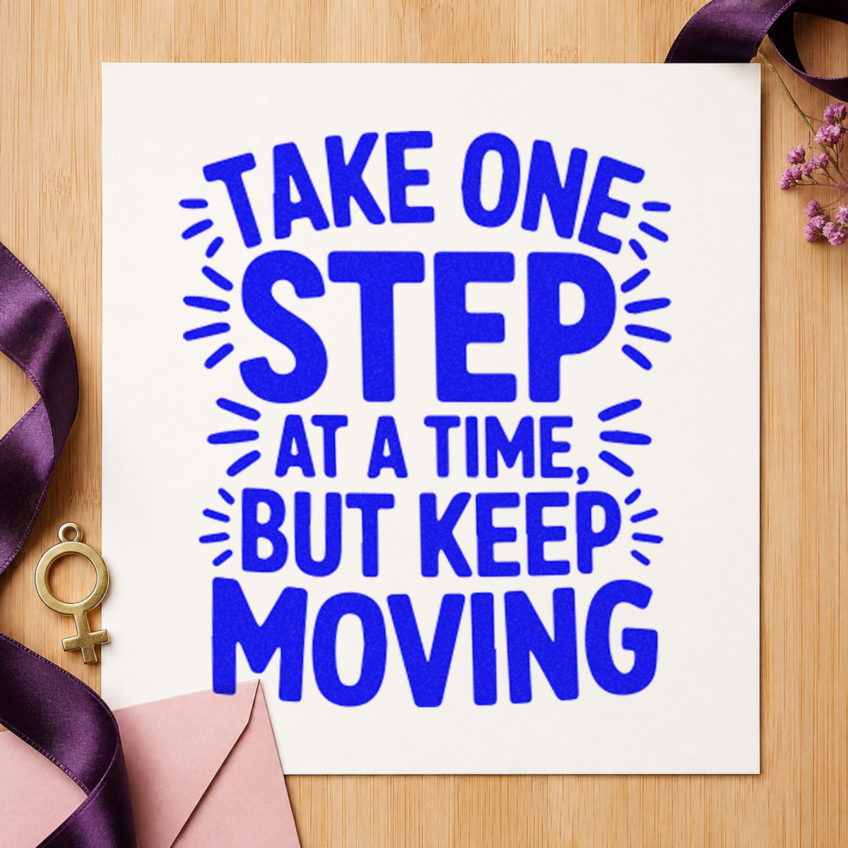 Take One Step Moving craft stamp in blue ink on cardstock, an easy option for skate bag printing.