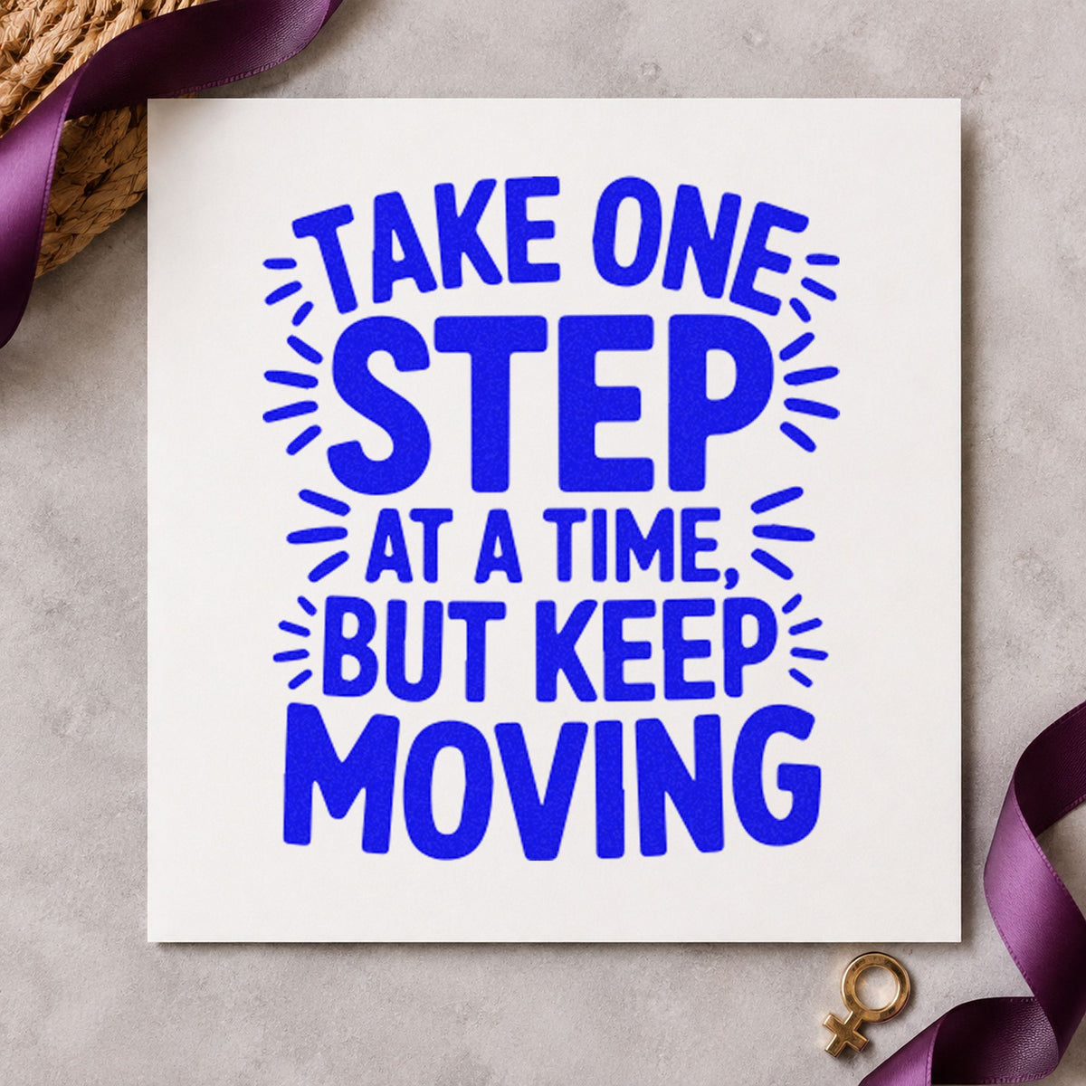 Take One Step Moving craft stamp imprinted in blue ink on paper, a design suited to framed rink bench.