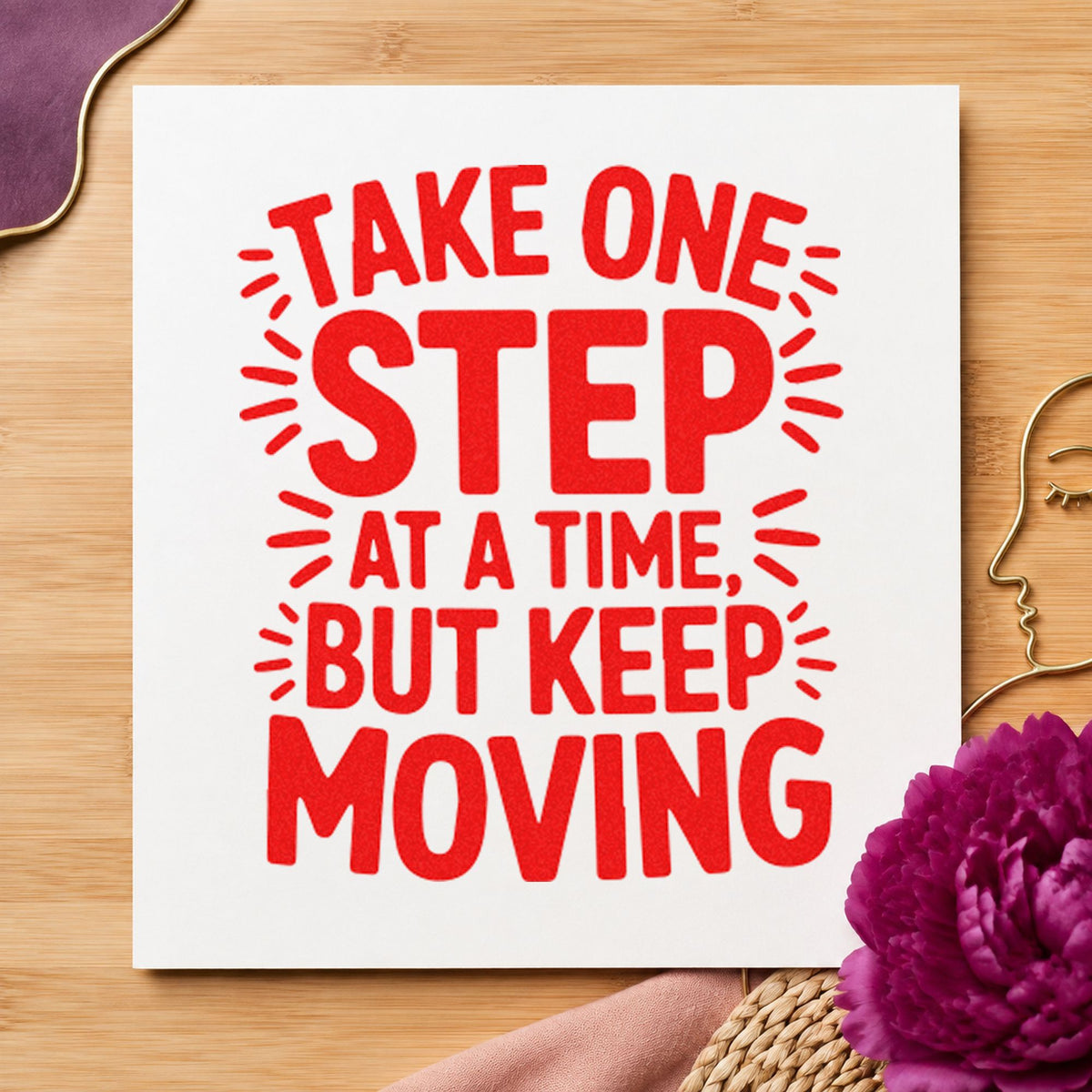 Take One Step Moving rubber stamp shown in red ink, stamped for projects such as rack blade labels.