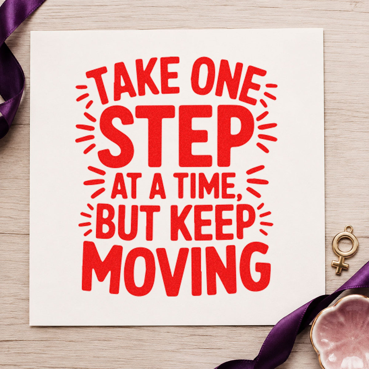 Take One Step Moving craft stamp imprint in red ink on a handmade project, one idea being skill goal cards.