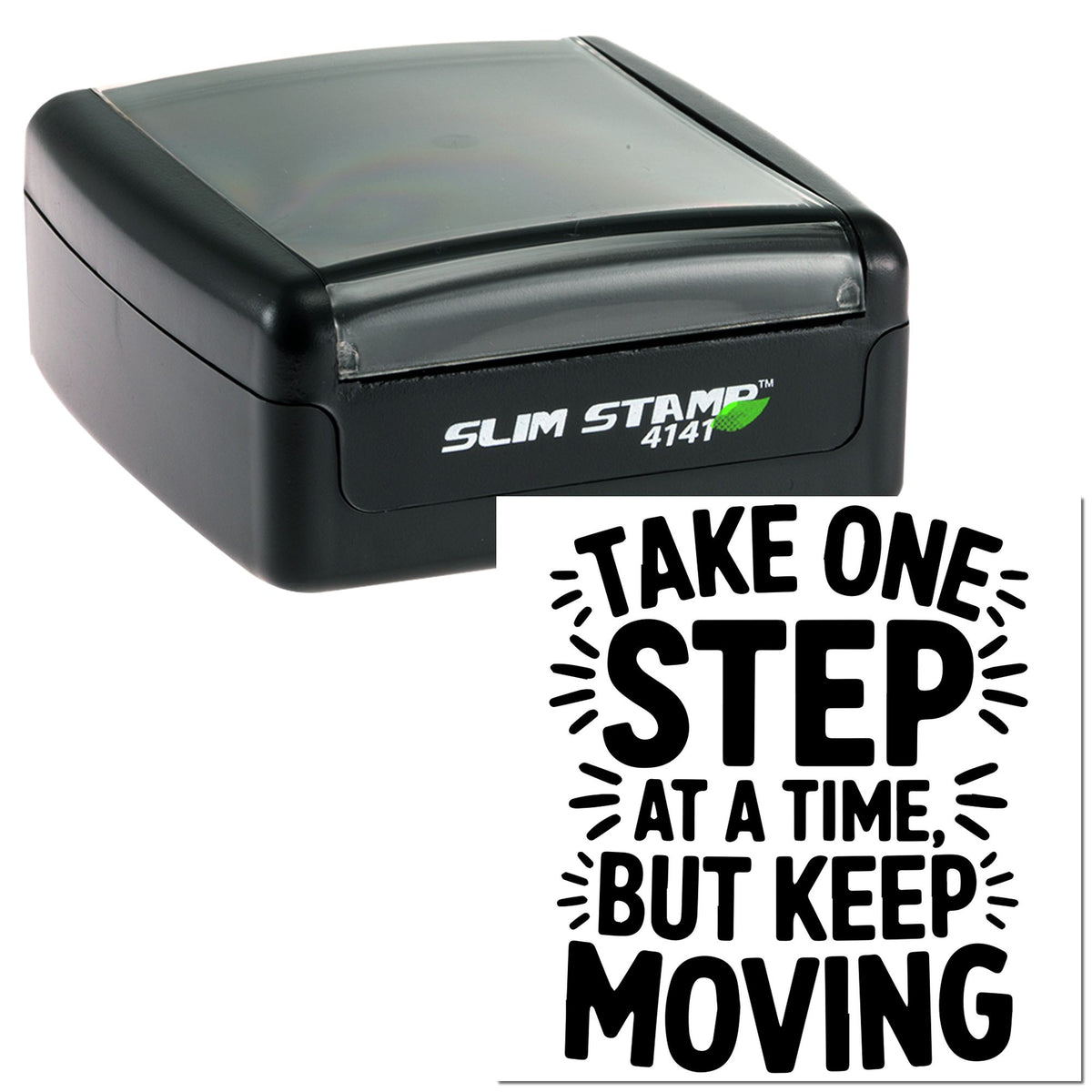 Black and gray Slim Stamp 4141 self-inking stamp with bold black seal design on white background.