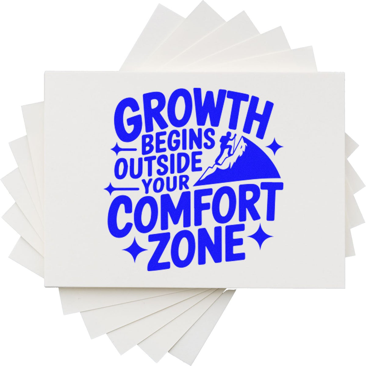 Blue stamp and seal design reading Growth Begins Outside Your Comfort Zone with mountain climber and stacked white seals.