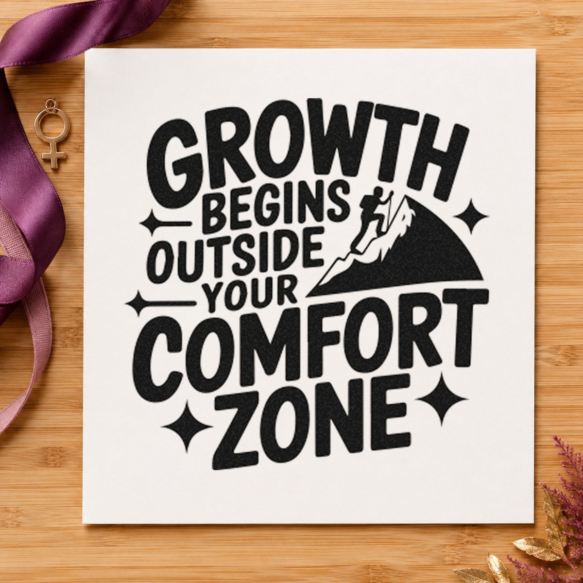 Growth Comfort Zone Climber craft stamp imprint in black ink on a handmade project, one idea being stove kit gift tags.