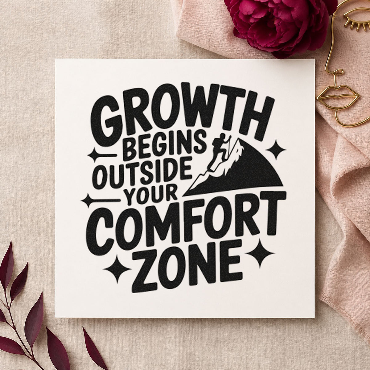 Growth Comfort Zone Climber rubber stamp printed in black ink, ready for gear check sheet and similar paper crafts.
