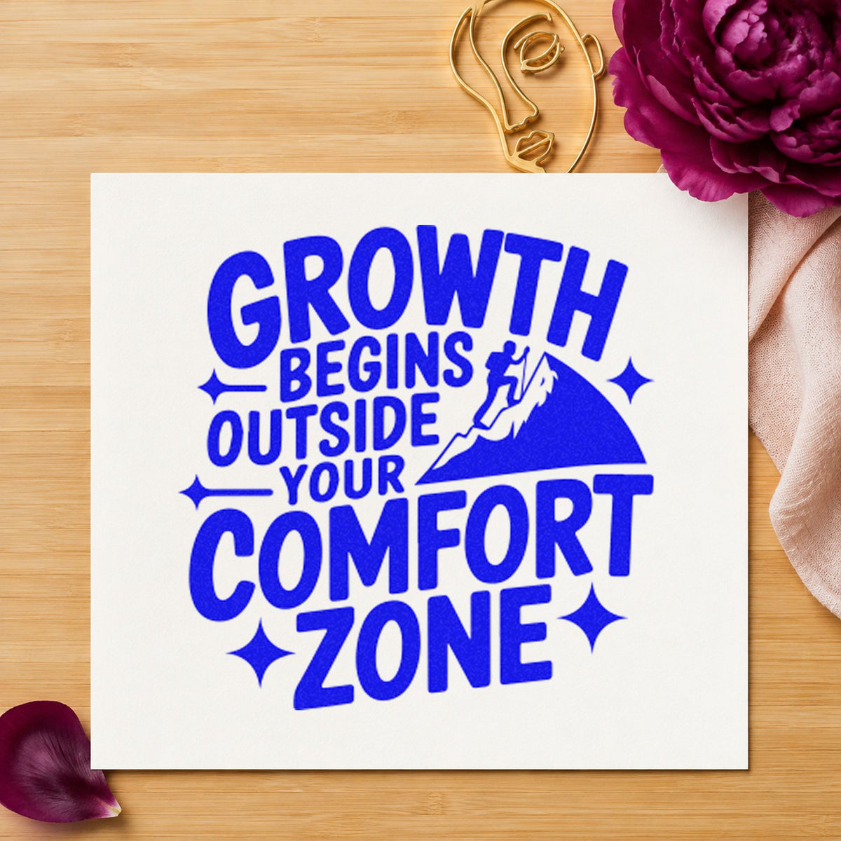 Growth Comfort Zone Climber craft stamp in blue ink on cardstock, an easy option for tent bag printing.
