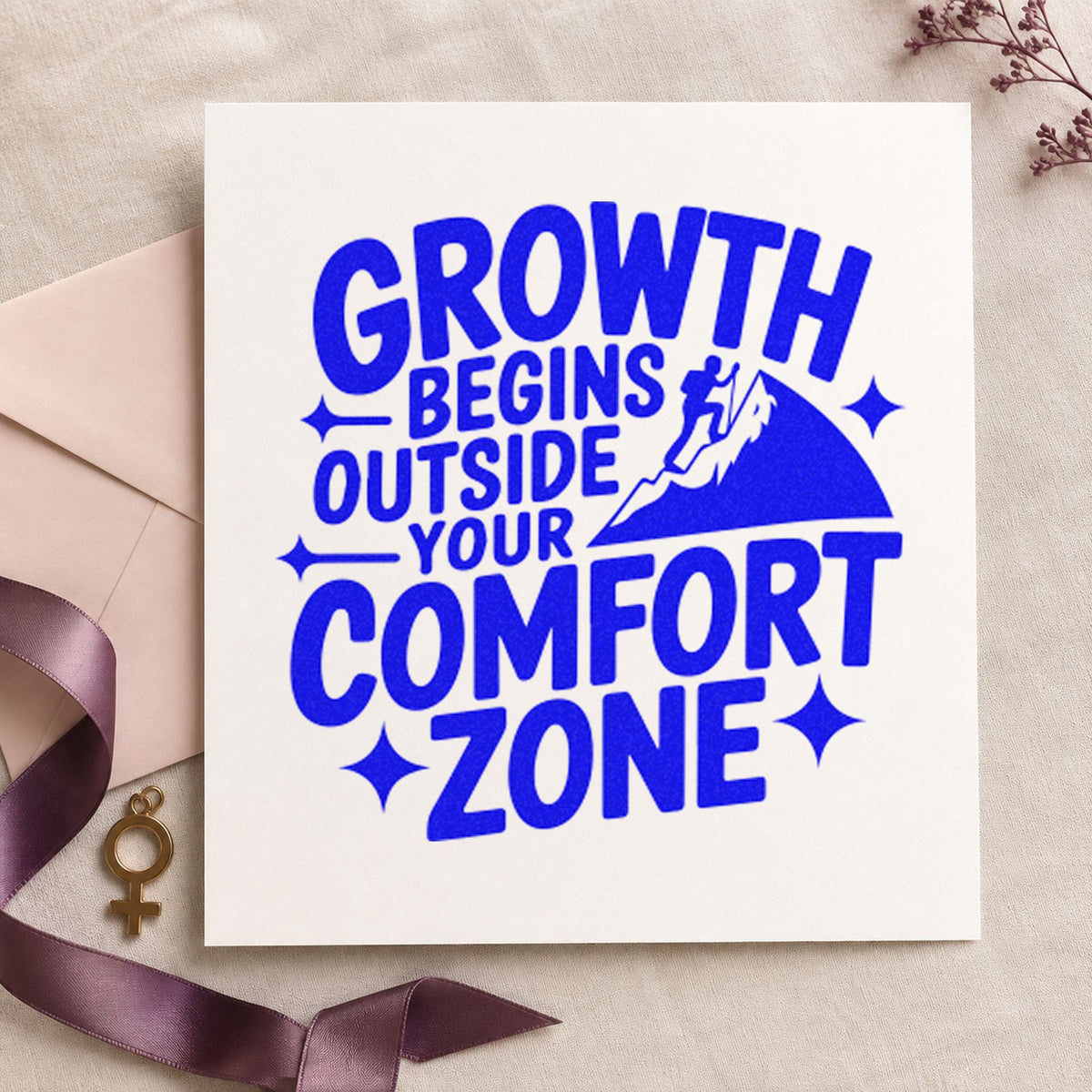 Growth Comfort Zone Climber craft stamp imprinted in blue ink on paper, a design suited to framed gear room.