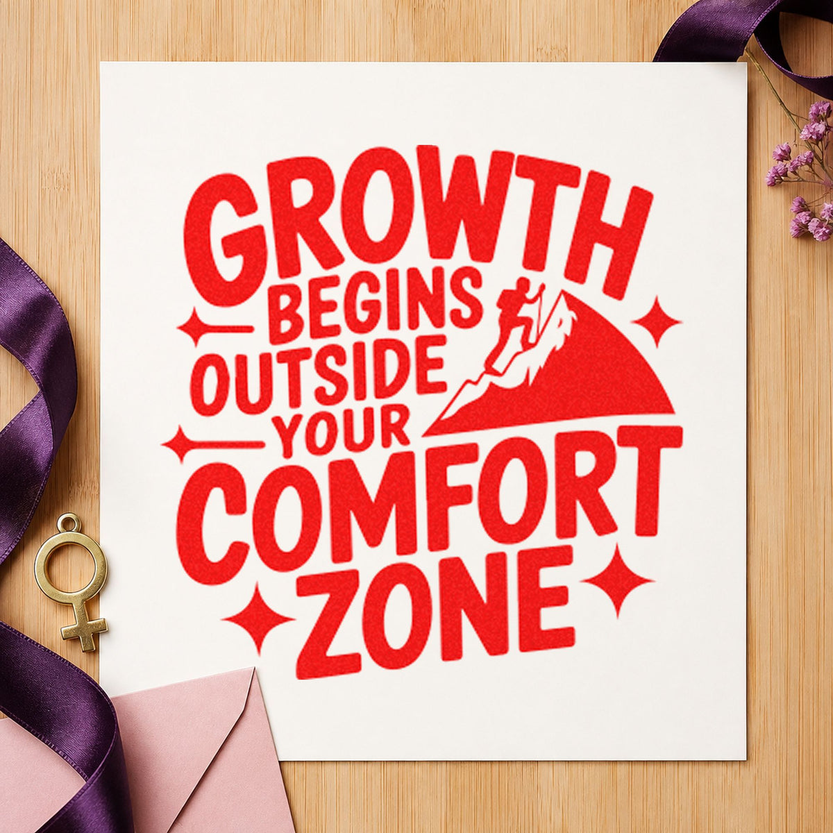 Growth Comfort Zone Climber craft stamp imprint in red ink on a handmade project, one idea being camp plan cards.