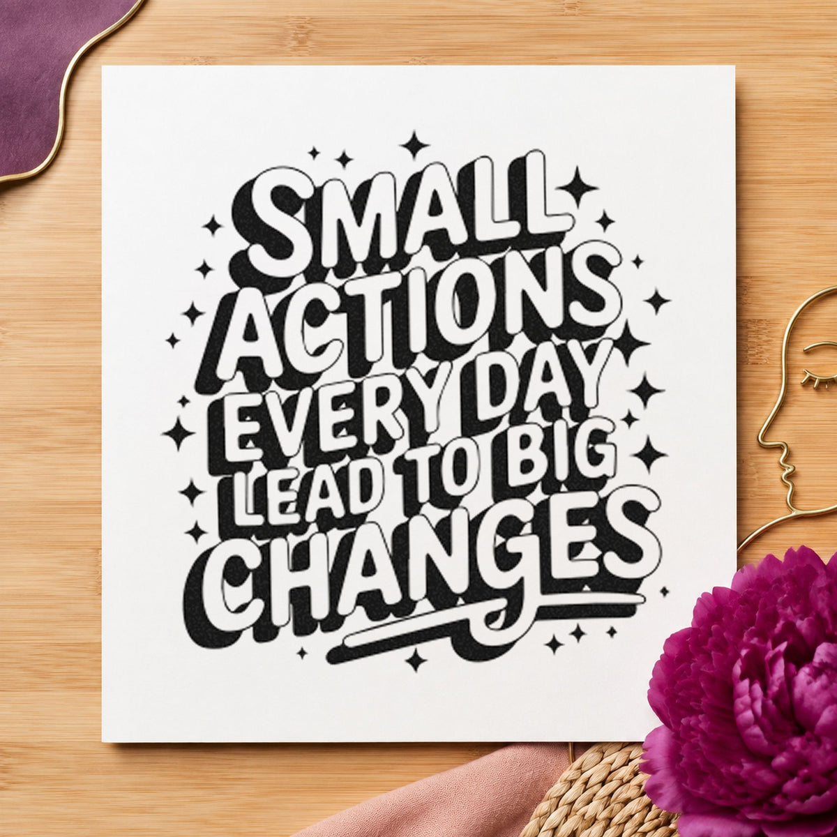 Small Actions Big Changes craft stamp in black ink on cardstock, an easy option for daily photo album page.
