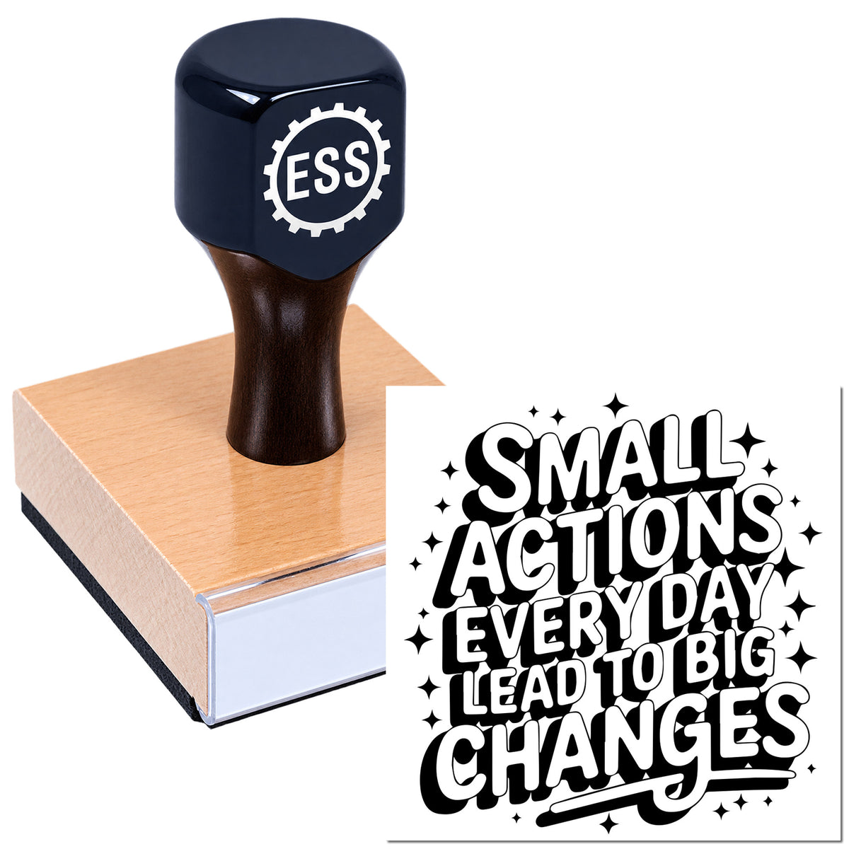 Dark navy ESS rubber stamp on a pink wood block beside a black-and-white "Small Actions..." seal design.