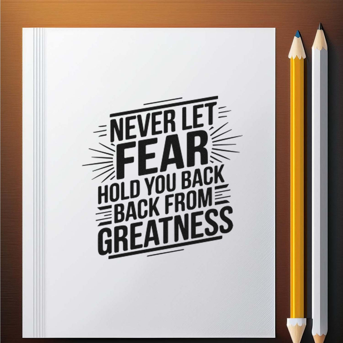 Black motivational stamp seal on white paper reading Never Let Fear Hold You Back From Greatness, beside yellow and white pencils.