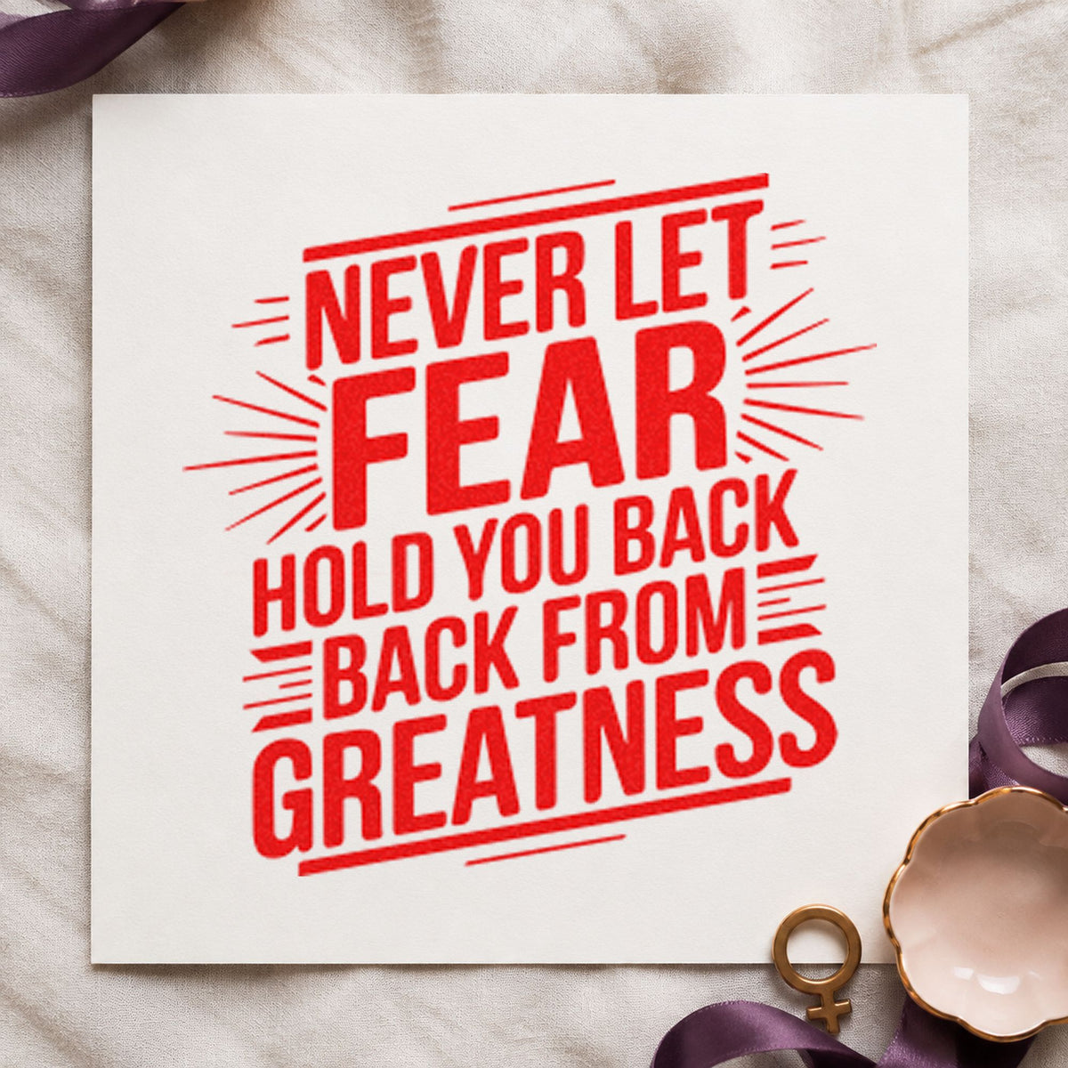 Never Let Fear Hold rubber stamp shown in red ink, stamped for projects such as bin pinnie labels.