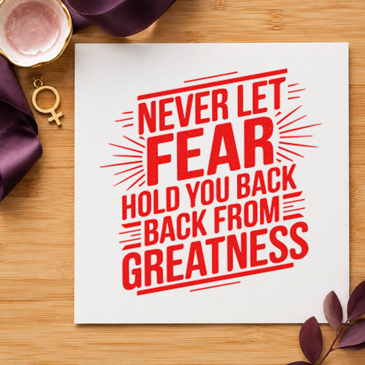 Never Let Fear Hold craft stamp imprint in red ink on a handmade project, one idea being tryout plan cards.