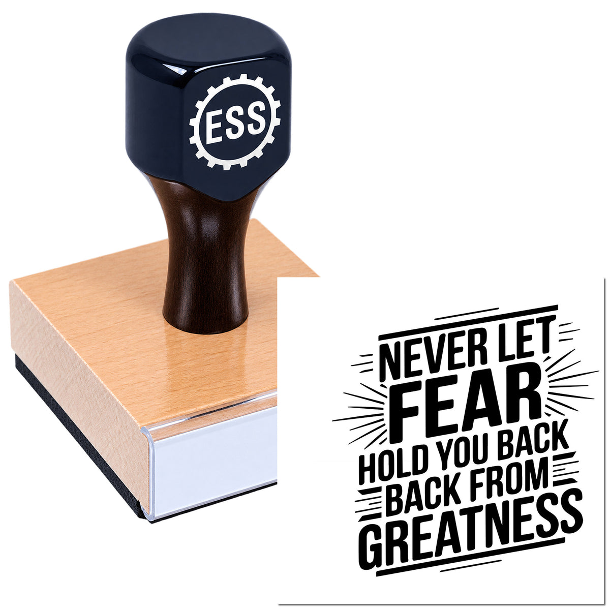 Black ESS rubber stamp seal on a pink block, with bold "Never Let Fear Hold You Back" text.