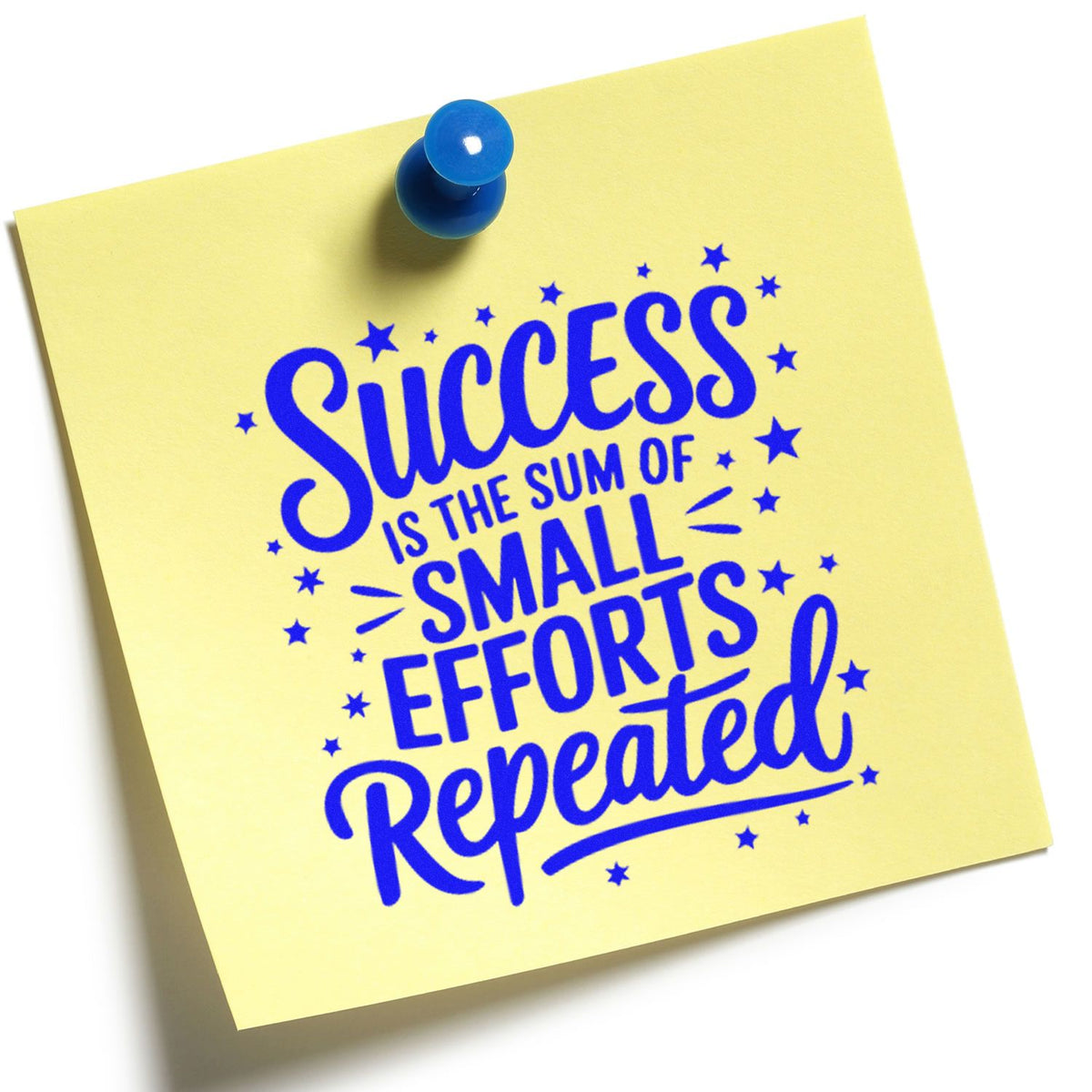 Blue success motivational stamp and seal design on yellow note, pinned with a blue pushpin.