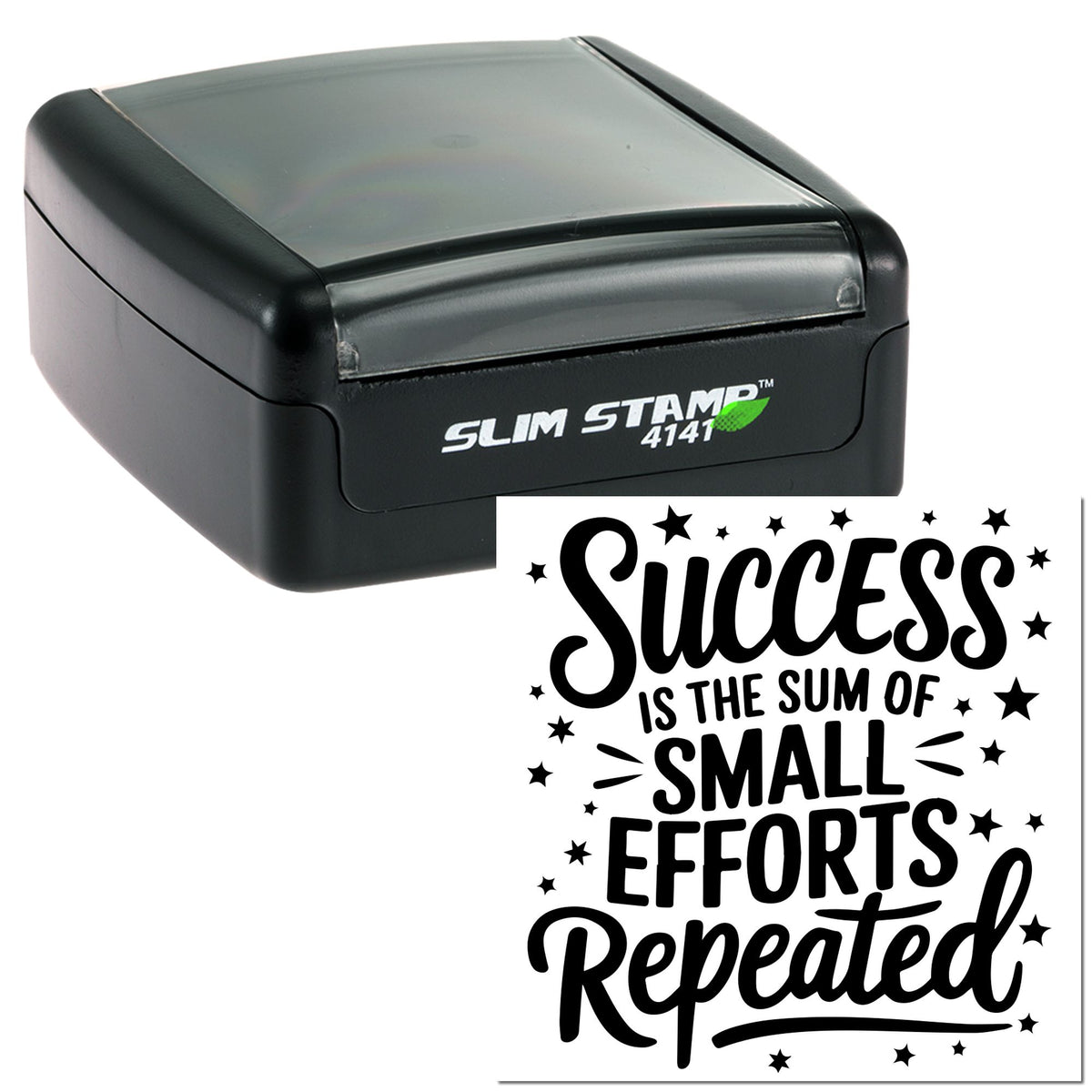 Black self-inking Slim Stamp 4141 with gray cap and a bold success seal reading Success is the sum of small efforts repeated.