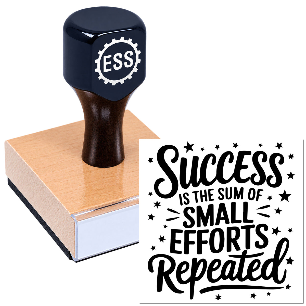 Dark blue ESS rubber stamp on a wooden seal block with motivational "Success is the sum of small efforts repeated" text.