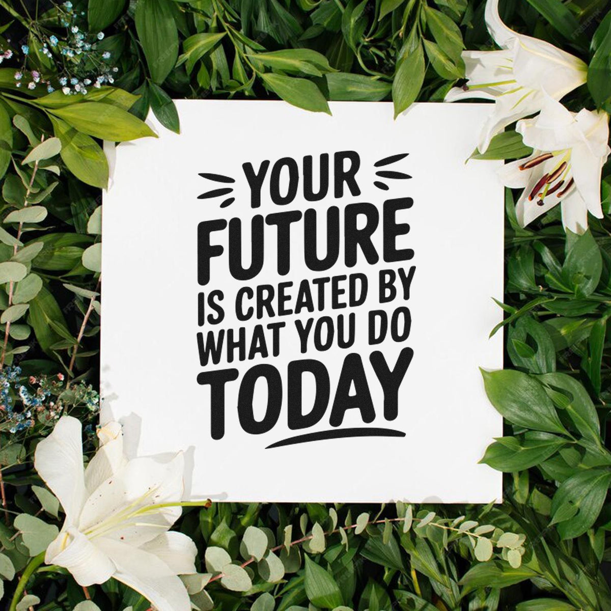 Custom stamp and seal with black Your Future text on white card, framed by green leaves and white lilies.