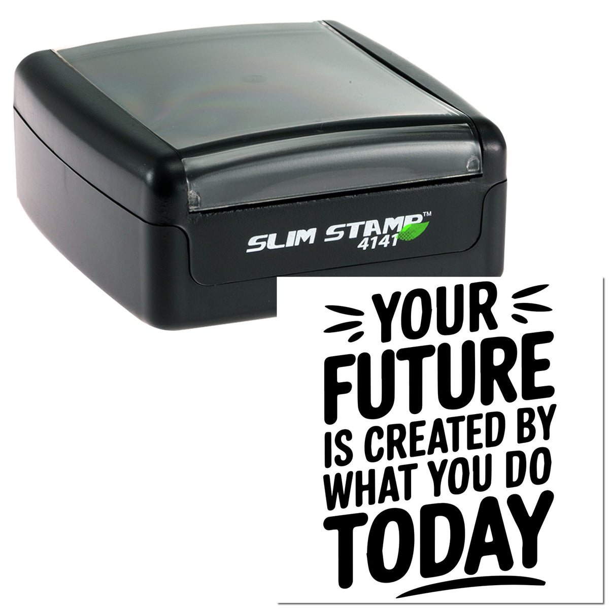 Black Slim Stamp 4141 self-inking stamp and custom seal with bold Your Future wording on white background.