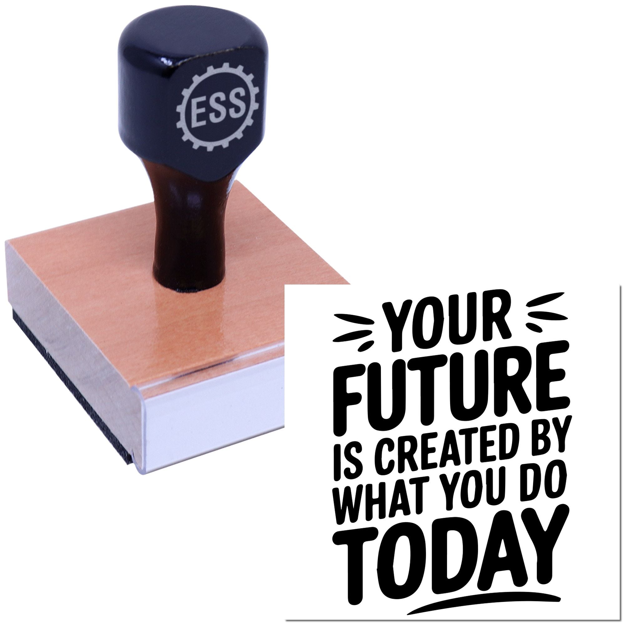 Dark blue ESS custom rubber stamp with wooden base beside bold black motivational seal text on white.