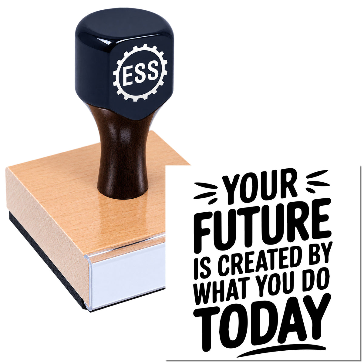 Dark blue ESS custom rubber stamp with wooden base beside bold black motivational seal text on white.