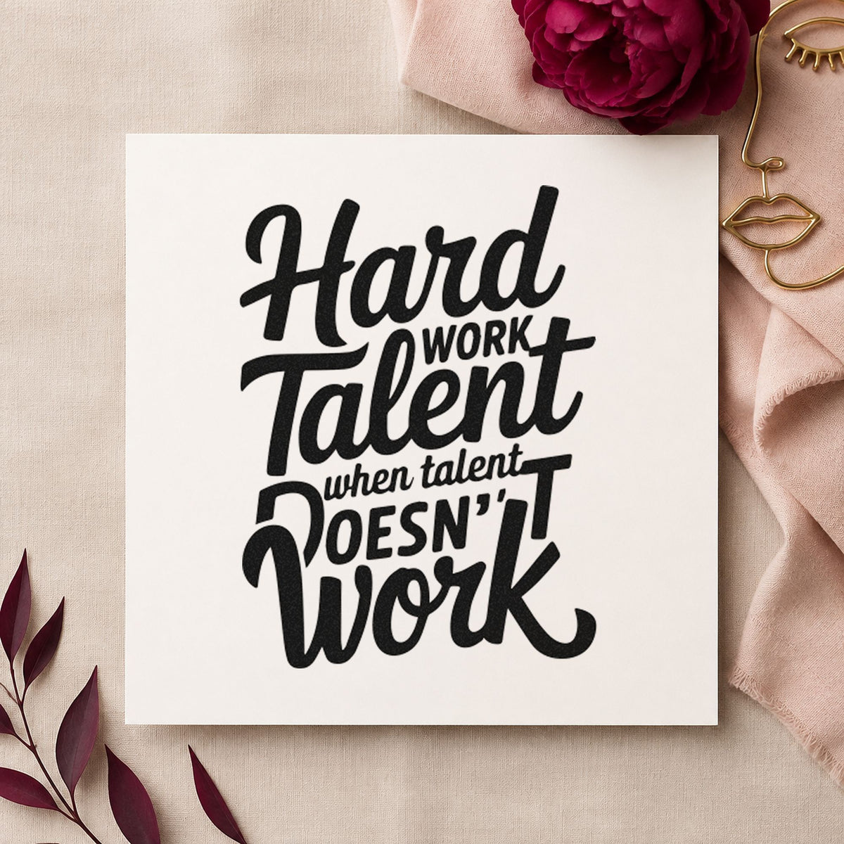 Hard Work Talent Quote craft stamp imprint in black ink on a handmade project, one idea being glove oil gift tags.