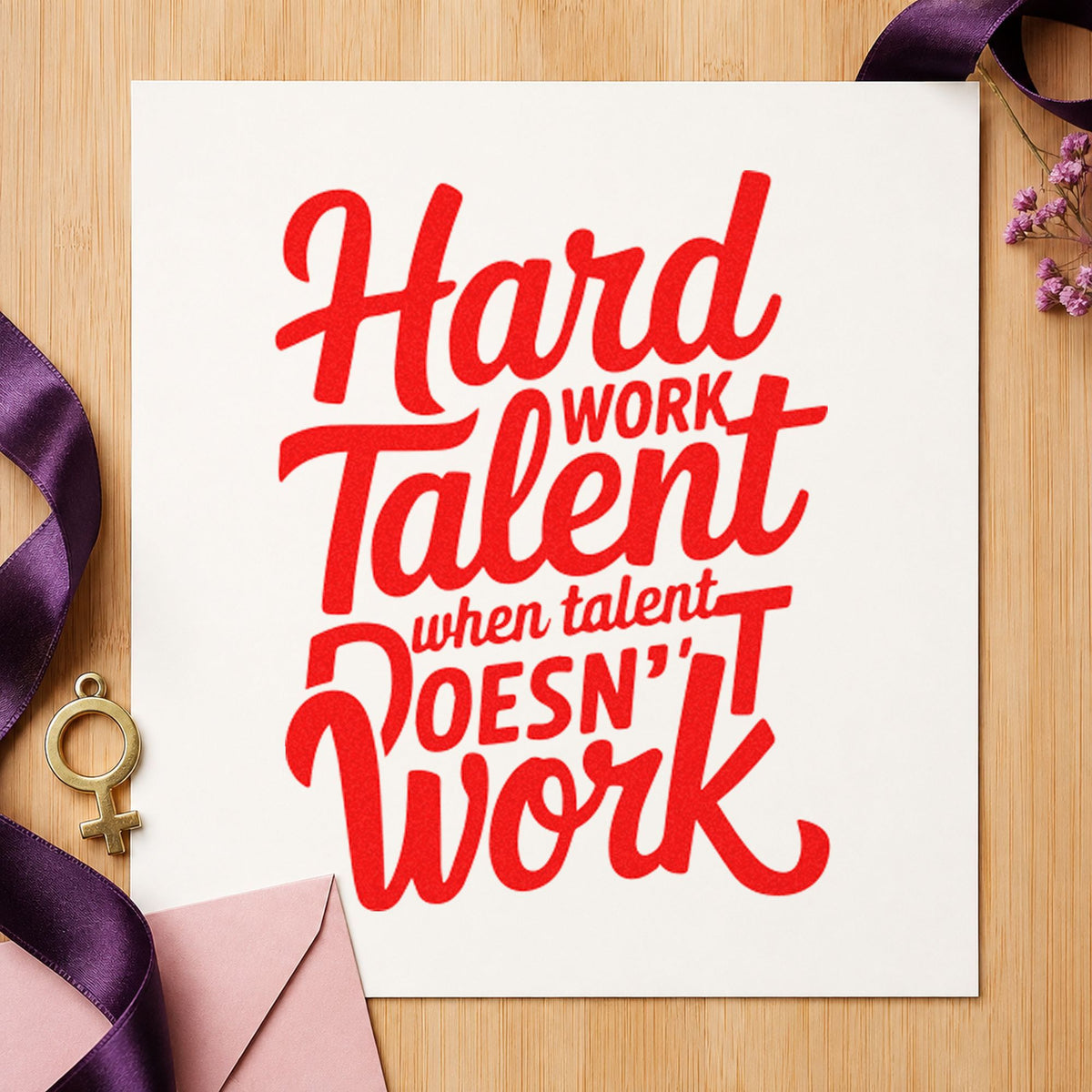 Hard Work Talent Quote rubber stamp shown in red ink, stamped for projects such as bin ball labels.