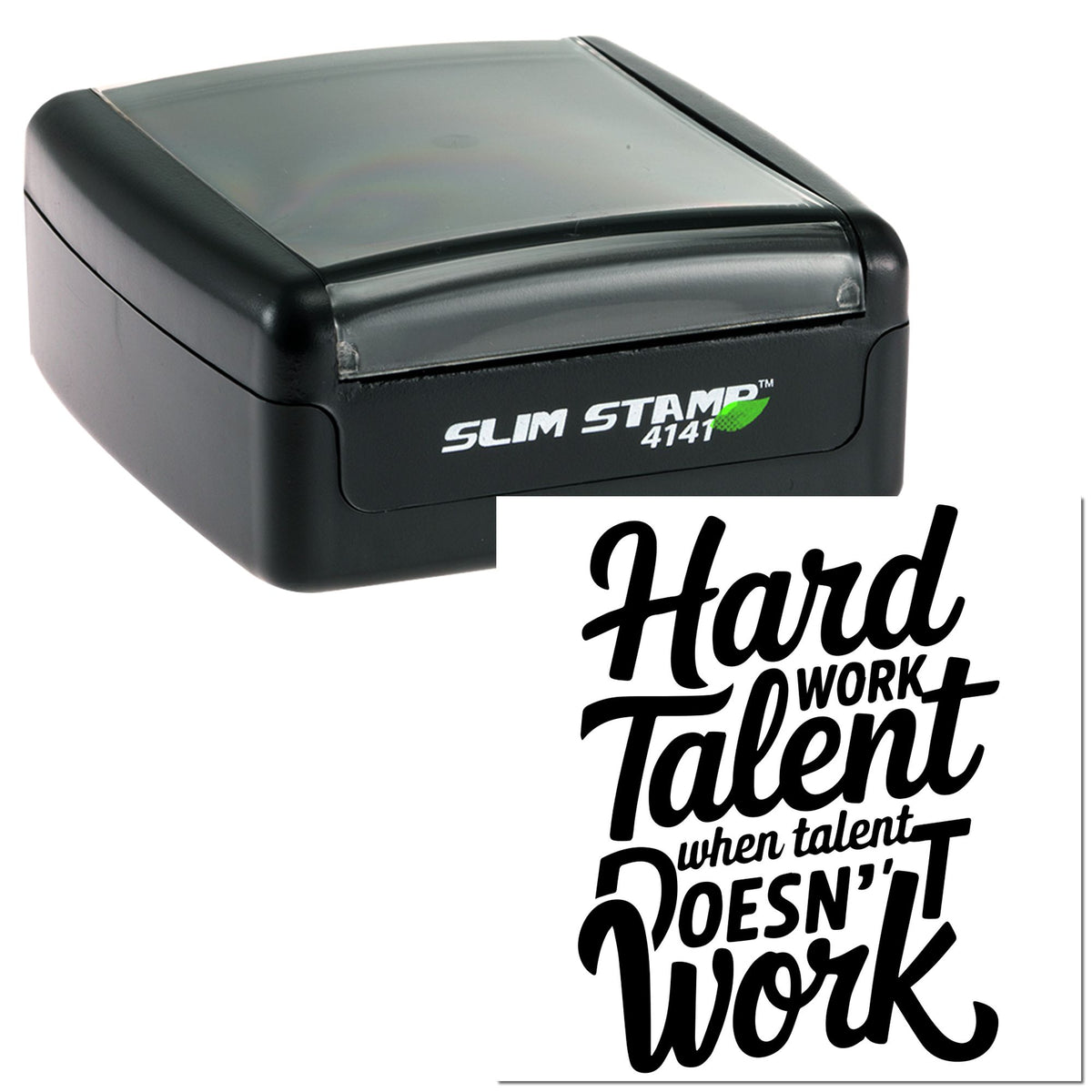 Black Slim Stamp 4141 self-inking stamp with clear cap and bold black quote seal design.