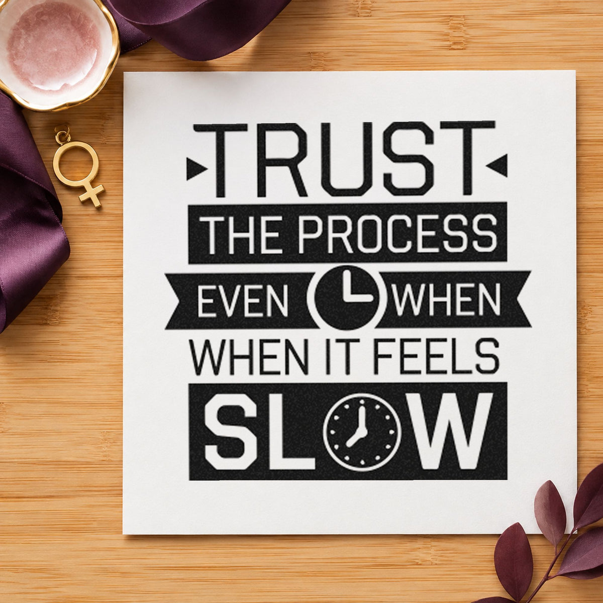 Trust Process Slow Clocks rubber stamp printed in black ink, ready for brew log sheet and similar paper crafts.