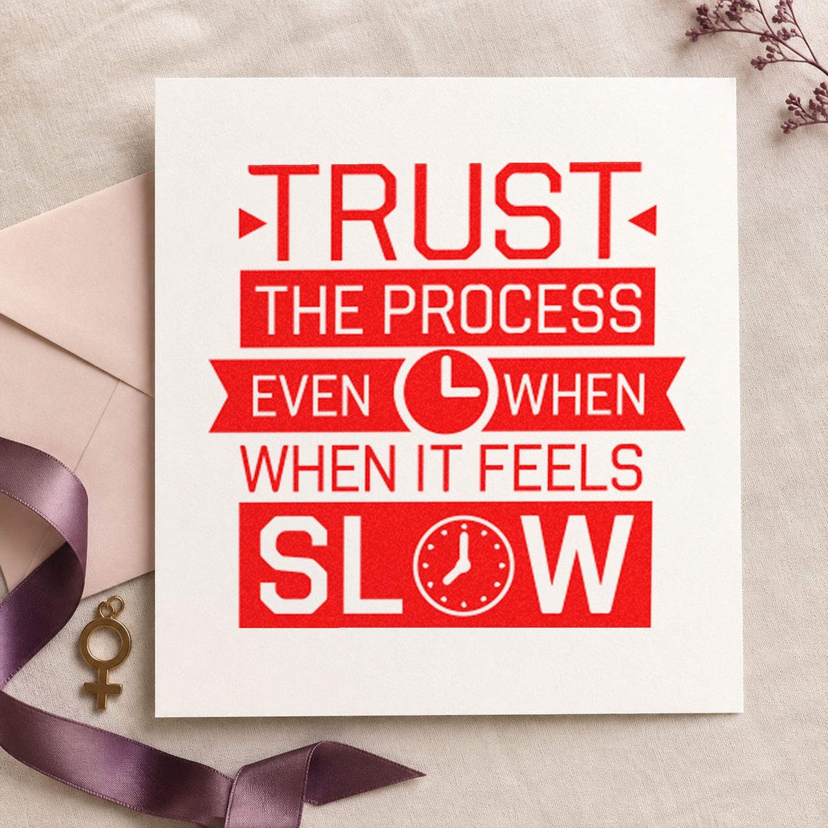 Trust Process Slow Clocks craft stamp imprint in red ink on a handmade project, one idea being tasting note cards.