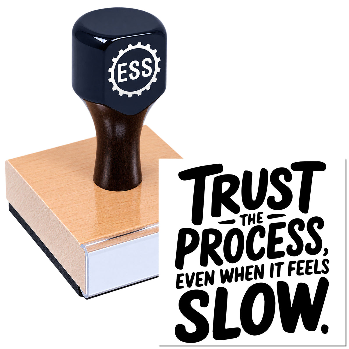 Black ESS stamp and seal tool pressing a copper seal block, with bold black "Trust the Process" text on white.