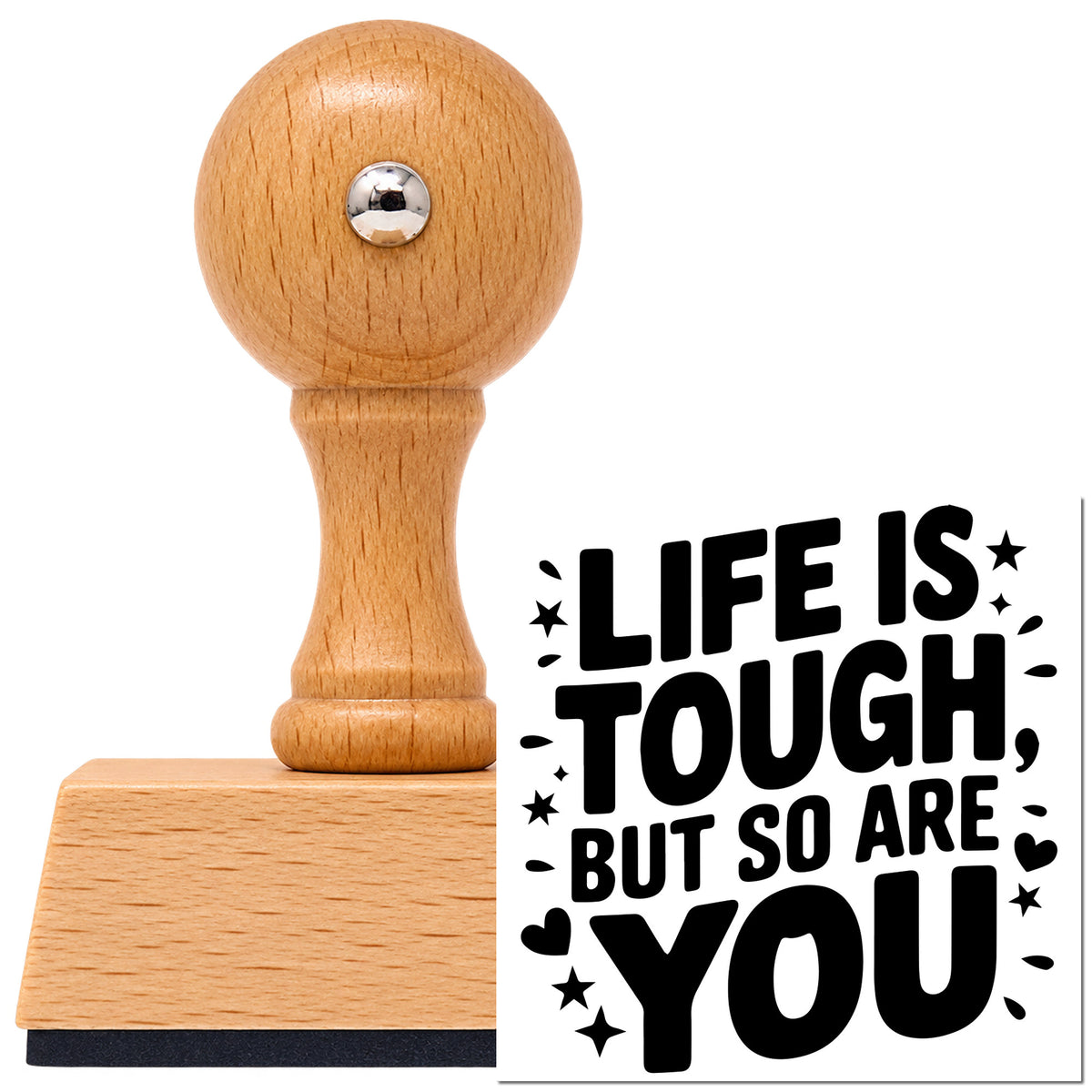 Vintage Pro beech wood stamp with a round knob handle, shown with its black Life Tough So You imprint on white.