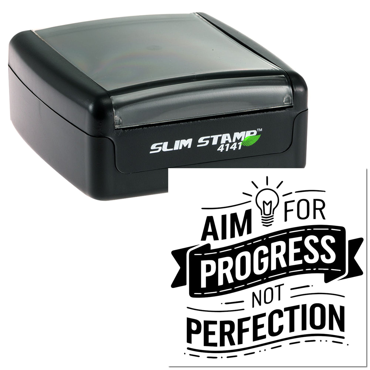 Black self-inking stamp and seal with white logo, featuring bold black Aim for Progress, Not Perfection design.