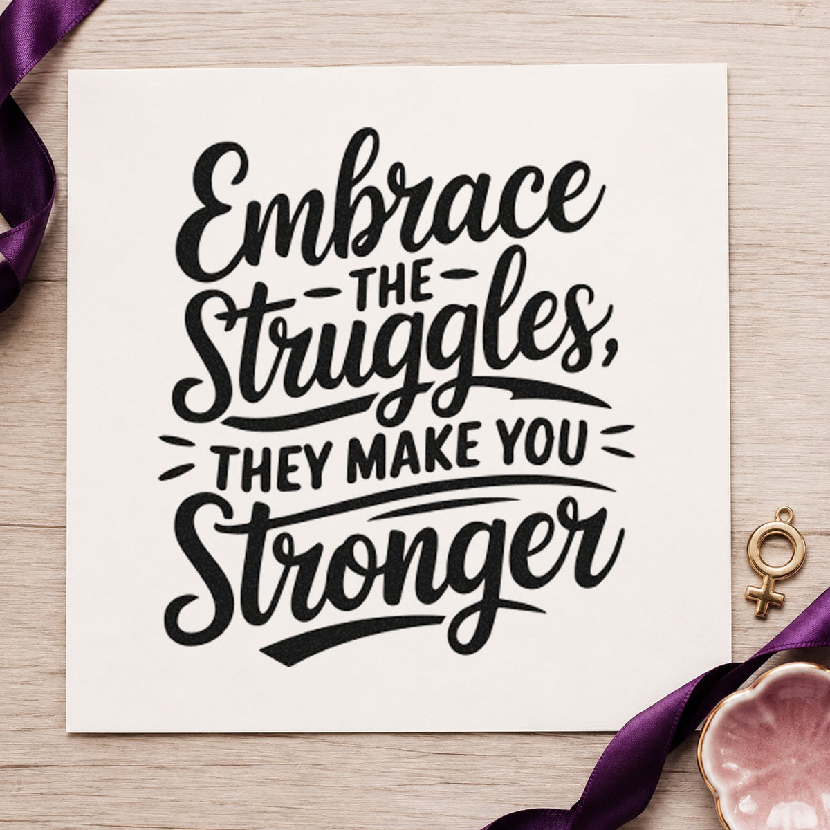 Embrace Struggles Make Stronger craft stamp imprint in black ink on a handmade project, one idea being case book gift tags.