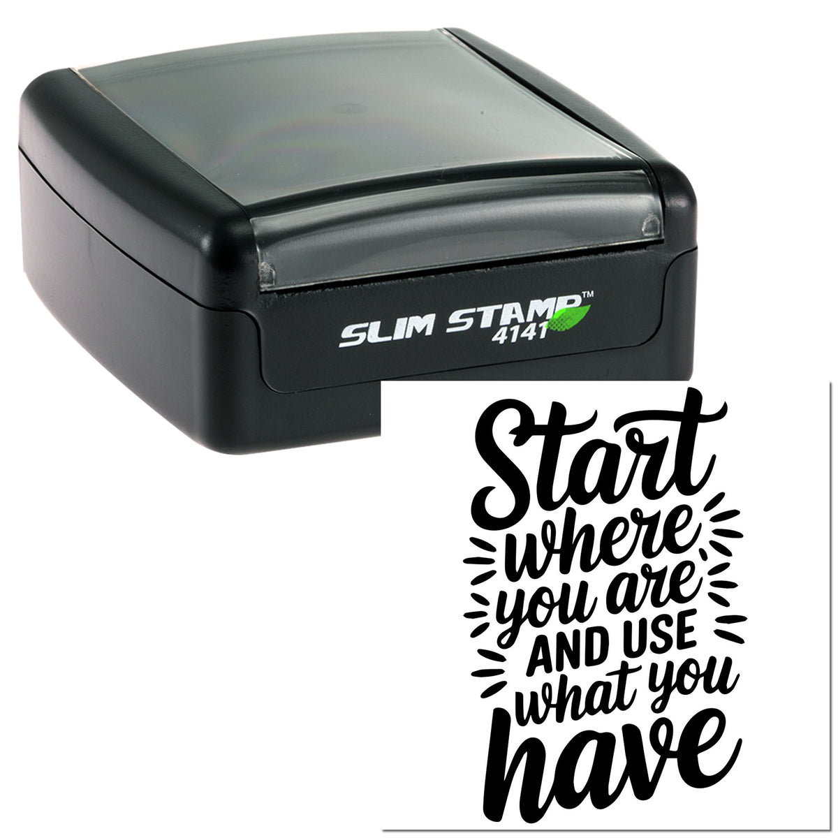 Black Slim Stamp 4141 self-inking stamp with translucent gray lid and decorative Start where you are text seal.