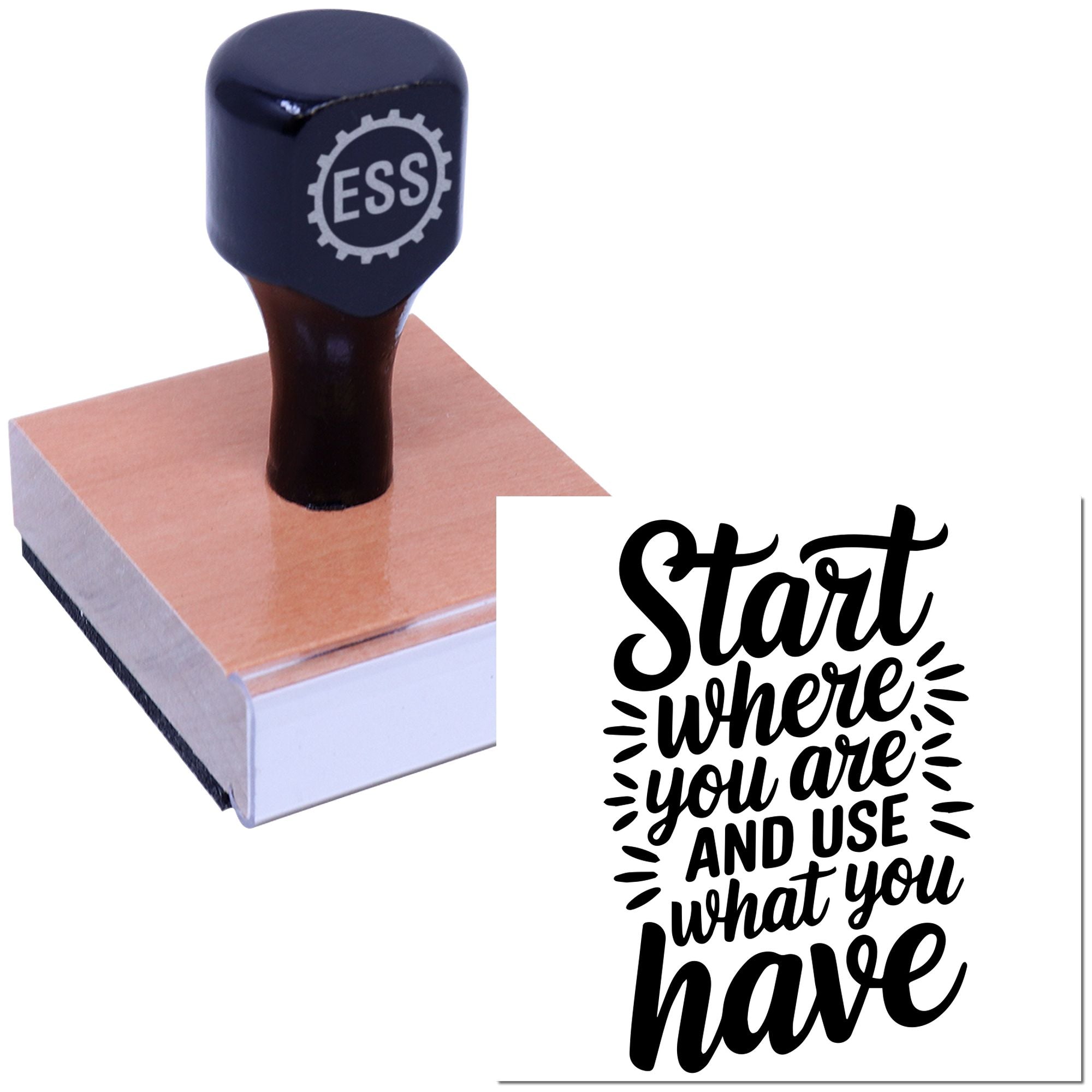 Dark navy custom stamp and seal with ESSS logo on a pink seal block, showing a bold black quote design.