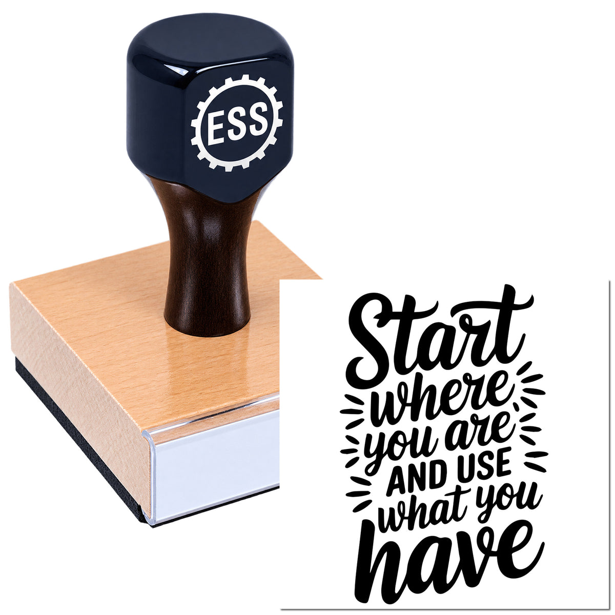 Dark navy custom stamp and seal with ESSS logo on a pink seal block, showing a bold black quote design.