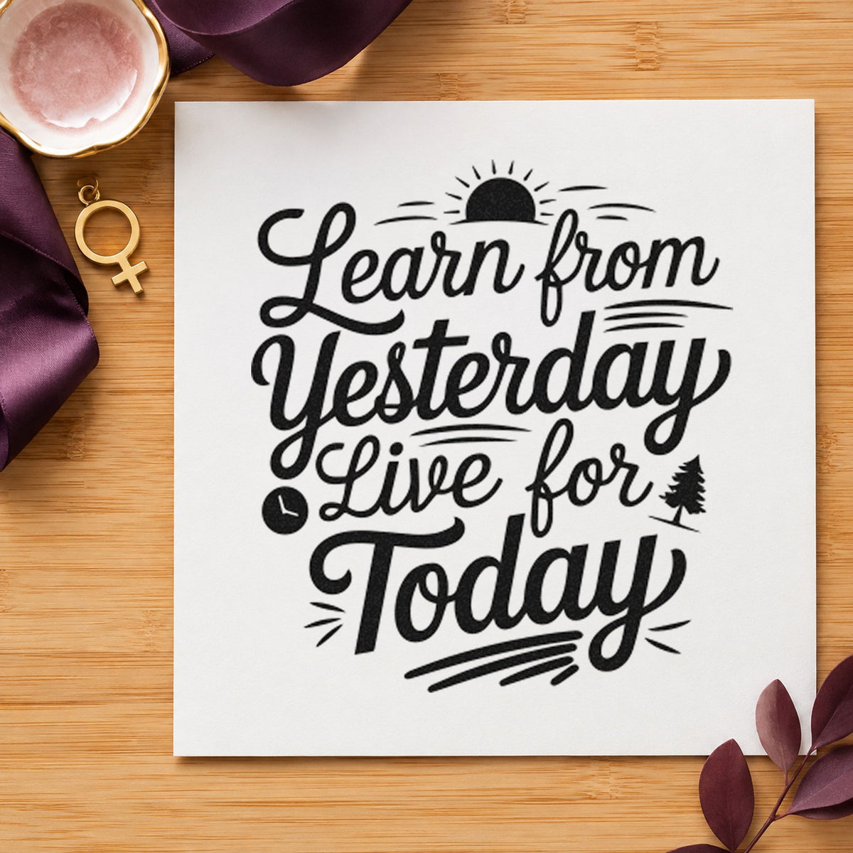 Learn Yesterday Live Today craft stamp imprint in black ink on a handmade project, one idea being archive box gift tags.