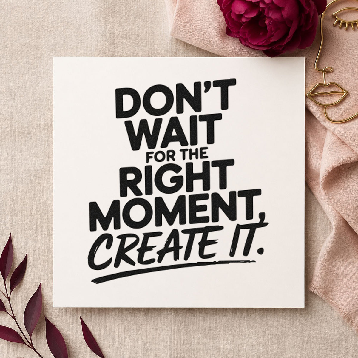 Create The Right Moment craft stamp imprint in black ink on a handmade project, one idea being ring box gift tags.