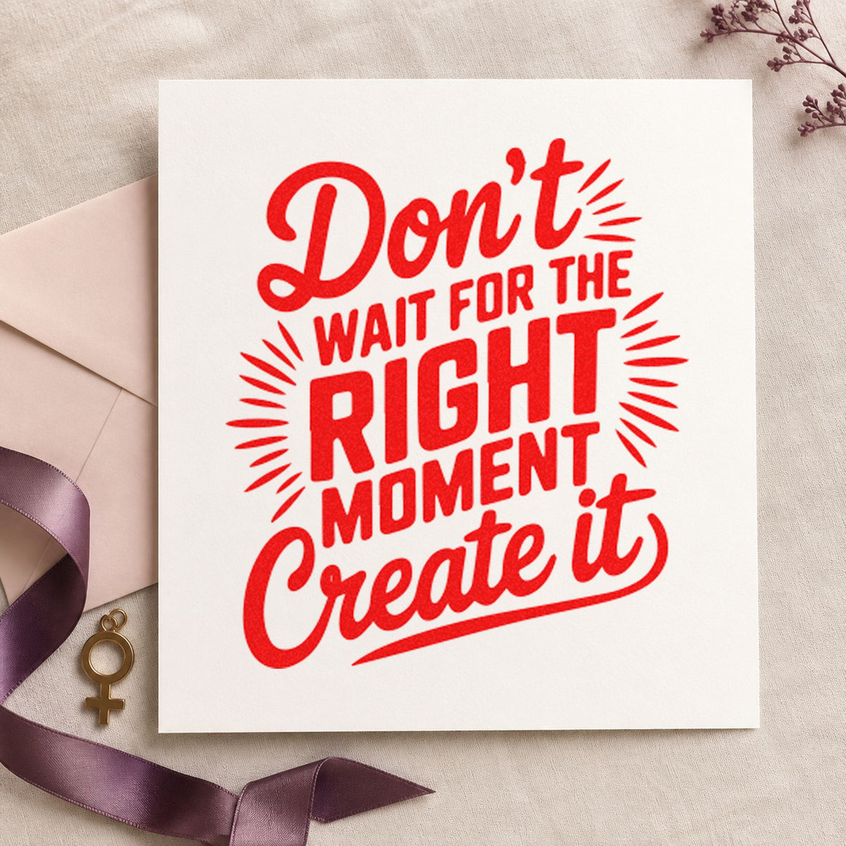 Create Right Moment Script craft stamp imprint in red ink on a handmade project, one idea being routine note cards.