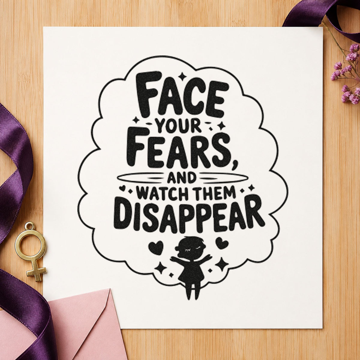 Face Fears Watch Disappear craft stamp in black ink on cardstock, an easy option for first flight album page.
