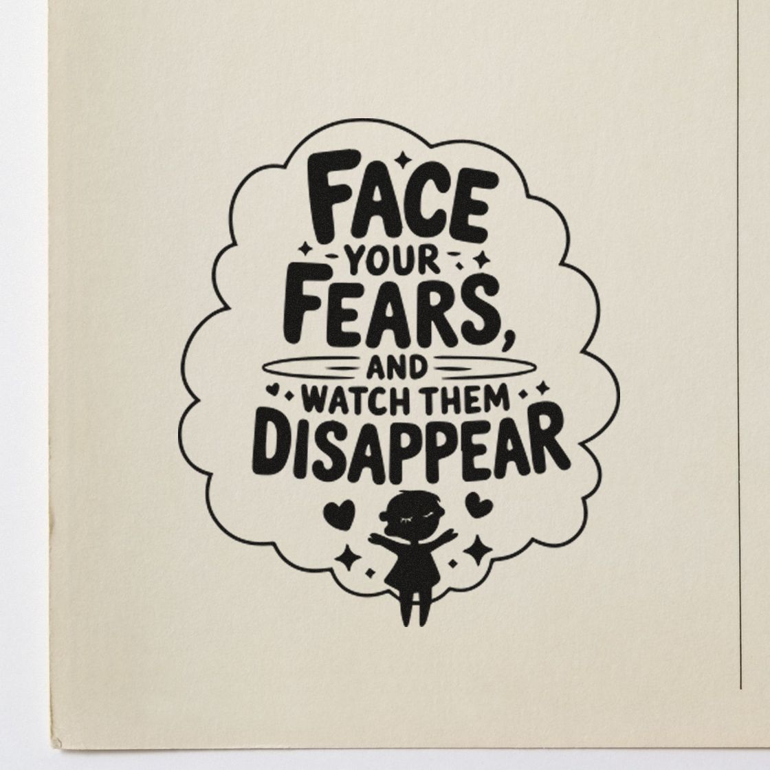 Black motivational stamp and seal on cream paper with cloud design, hearts and stars: Face your fears, and watch them disappear.