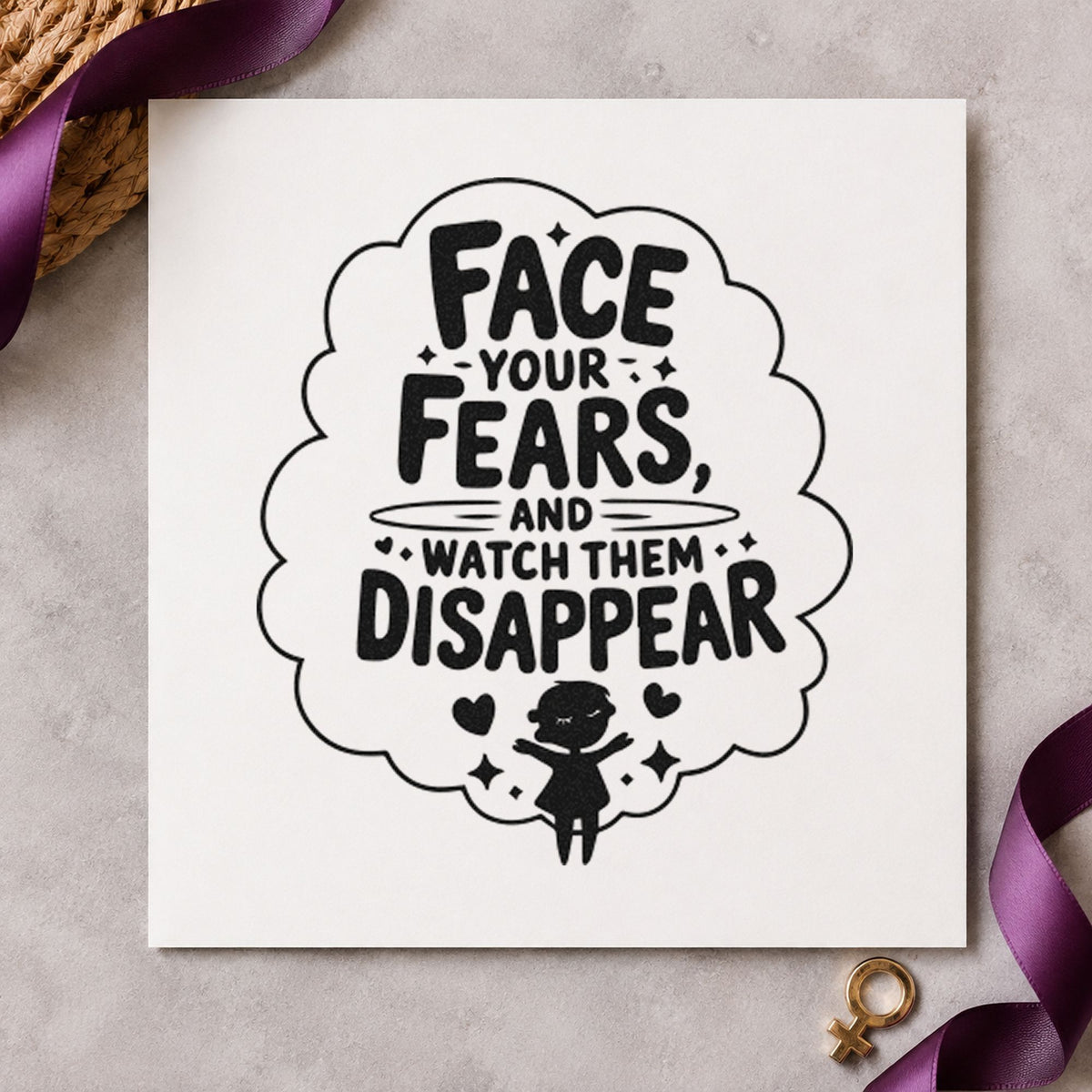 Face Fears Watch Disappear craft stamp imprint in black ink on a handmade project, one idea being travel kit gift tags.