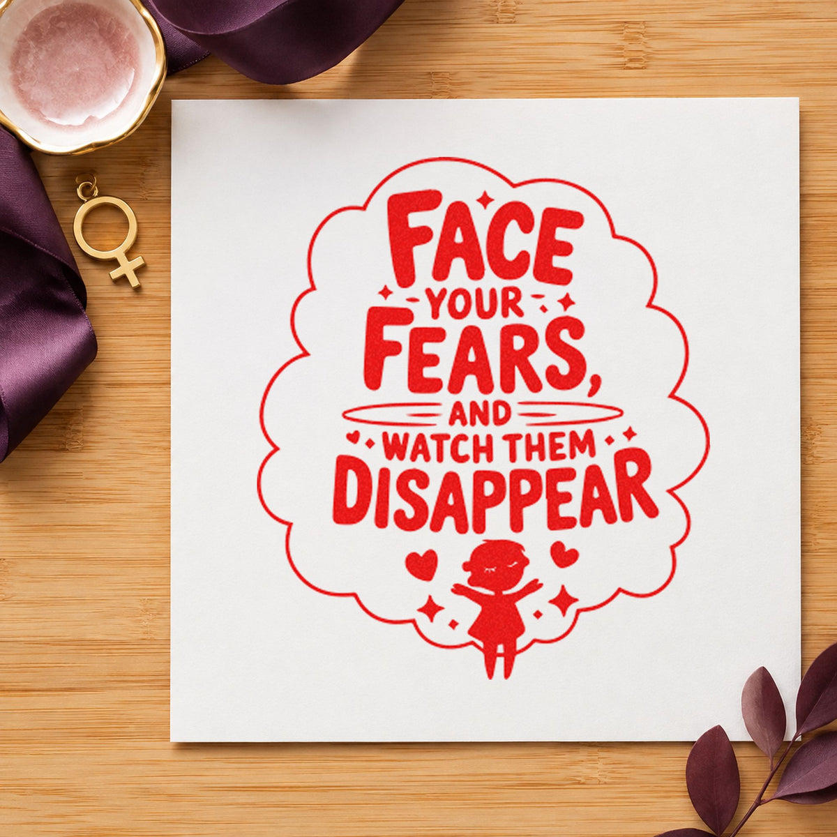 Face Fears Watch Disappear rubber stamp shown in red ink, stamped for projects such as bin travel labels.