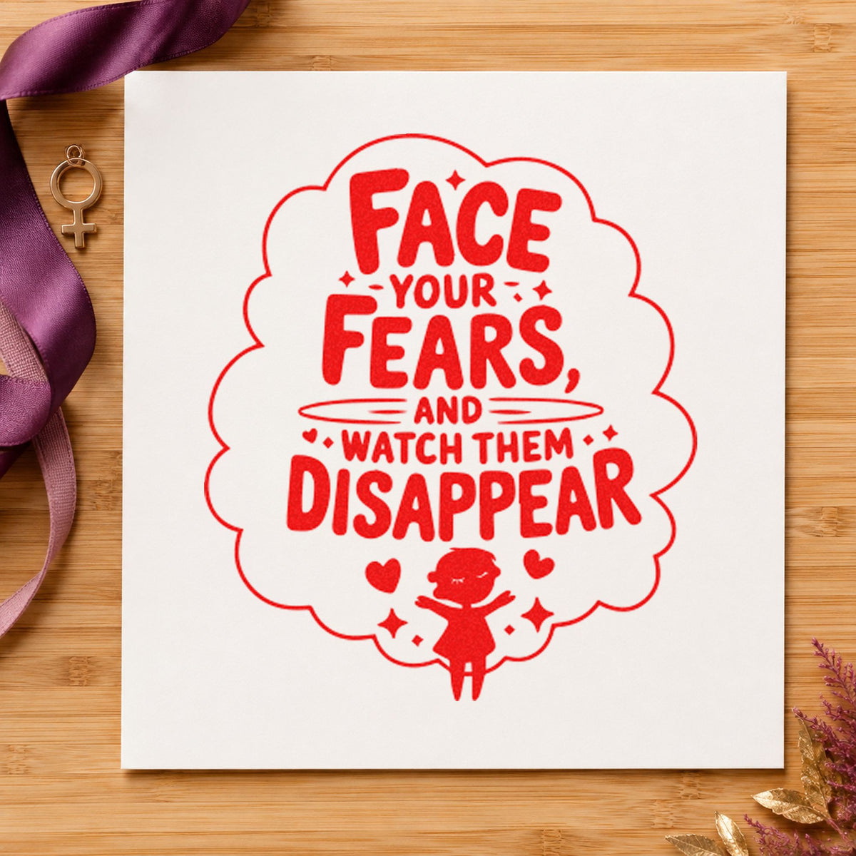 Face Fears Watch Disappear craft stamp imprint in red ink on a handmade project, one idea being calm step cards.